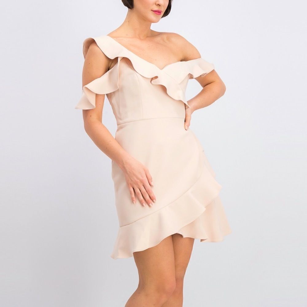 BCBGMAXAZRIA Womens Malik Sleeveless Asymmetrical Ruffle Mini Dress Bare Pink 6